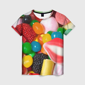 Женская футболка 3D с принтом Сладости в Екатеринбурге, 100% полиэфир ( синтетическое хлопкоподобное полотно) | прямой крой, круглый вырез горловины, длина до линии бедер | candy | еда | конфеты | мармелад | сладкое