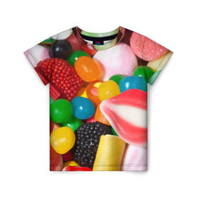 Детская футболка 3D с принтом Сладости в Екатеринбурге, 100% гипоаллергенный полиэфир | прямой крой, круглый вырез горловины, длина до линии бедер, чуть спущенное плечо, ткань немного тянется | candy | еда | конфеты | мармелад | сладкое
