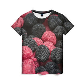 Женская футболка 3D с принтом Ягодки в Екатеринбурге, 100% полиэфир ( синтетическое хлопкоподобное полотно) | прямой крой, круглый вырез горловины, длина до линии бедер | candy | vegan | веган | вегетарианство | еда | конфеты | мармелад | сладкое