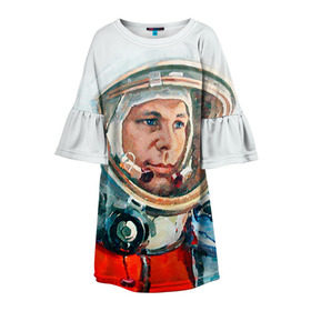 Детское платье 3D с принтом Гагарин в Екатеринбурге, 100% полиэстер | прямой силуэт, чуть расширенный к низу. Круглая горловина, на рукавах — воланы | space | гагарин | космос | россия