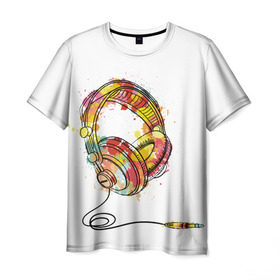 Мужская футболка 3D с принтом Красочные наушники в Екатеринбурге, 100% полиэфир | прямой крой, круглый вырез горловины, длина до линии бедер | dj | музыка | наушники