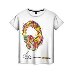 Женская футболка 3D с принтом Красочные наушники в Екатеринбурге, 100% полиэфир ( синтетическое хлопкоподобное полотно) | прямой крой, круглый вырез горловины, длина до линии бедер | dj | музыка | наушники