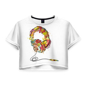 Женская футболка 3D укороченная с принтом Красочные наушники в Екатеринбурге, 100% полиэстер | круглая горловина, длина футболки до линии талии, рукава с отворотами | dj | музыка | наушники