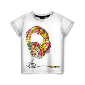 Детская футболка 3D с принтом Красочные наушники в Екатеринбурге, 100% гипоаллергенный полиэфир | прямой крой, круглый вырез горловины, длина до линии бедер, чуть спущенное плечо, ткань немного тянется | dj | музыка | наушники