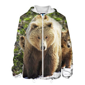 Мужская куртка 3D с принтом Медведи в Екатеринбурге, ткань верха — 100% полиэстер, подклад — флис | прямой крой, подол и капюшон оформлены резинкой с фиксаторами, два кармана без застежек по бокам, один большой потайной карман на груди. Карман на груди застегивается на липучку | звери | медведь | мишка | природа
