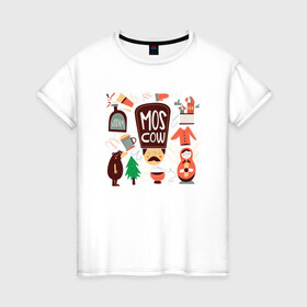 Женская футболка хлопок с принтом Moscow в Екатеринбурге, 100% хлопок | прямой крой, круглый вырез горловины, длина до линии бедер, слегка спущенное плечо | moscow | водка | матрешка | медведь | москва | россия