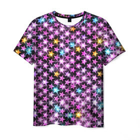 Мужская футболка 3D с принтом Звёзды в Екатеринбурге, 100% полиэфир | прямой крой, круглый вырез горловины, длина до линии бедер | блеск | веселье | гламур | звёзды | оформление | пафос | праздник | решётка | сетка | сияние | слой | текстура | трайбл | узор | фон
