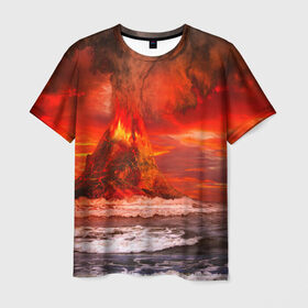 Мужская футболка 3D с принтом Вулкан в Екатеринбурге, 100% полиэфир | прямой крой, круглый вырез горловины, длина до линии бедер | Тематика изображения на принте: взрыв | вулкан | извержение | красная | лава | море