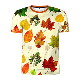 Мужская футболка 3D спортивная с принтом Осень в Екатеринбурге, 100% полиэстер с улучшенными характеристиками | приталенный силуэт, круглая горловина, широкие плечи, сужается к линии бедра | листва | листья | осень | оформление | пёстрые листочки | слой | текстура | трайбл | узор | фон