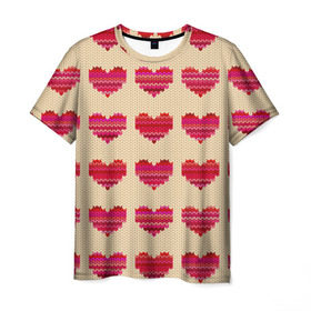 Мужская футболка 3D с принтом Шерстяные сердечки в Екатеринбурге, 100% полиэфир | прямой крой, круглый вырез горловины, длина до линии бедер | Тематика изображения на принте: вязание | вязаный | паттерн | текстура | узор