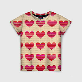 Детская футболка 3D с принтом Шерстяные сердечки в Екатеринбурге, 100% гипоаллергенный полиэфир | прямой крой, круглый вырез горловины, длина до линии бедер, чуть спущенное плечо, ткань немного тянется | Тематика изображения на принте: вязание | вязаный | паттерн | текстура | узор