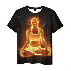 Мужская футболка 3D с принтом Пламенная медитация в Екатеринбурге, 100% полиэфир | прямой крой, круглый вырез горловины, длина до линии бедер | аштанга | здоровье | зож | йога | кундалини | лотос | медитация | огонь | пламя | силуэт | спорт | страсть | тонус