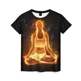 Женская футболка 3D с принтом Пламенная медитация в Екатеринбурге, 100% полиэфир ( синтетическое хлопкоподобное полотно) | прямой крой, круглый вырез горловины, длина до линии бедер | аштанга | здоровье | зож | йога | кундалини | лотос | медитация | огонь | пламя | силуэт | спорт | страсть | тонус
