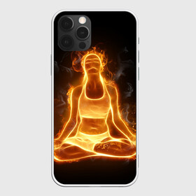 Чехол для iPhone 12 Pro с принтом Пламенная медитация в Екатеринбурге, силикон | область печати: задняя сторона чехла, без боковых панелей | аштанга | здоровье | зож | йога | кундалини | лотос | медитация | огонь | пламя | силуэт | спорт | страсть | тонус