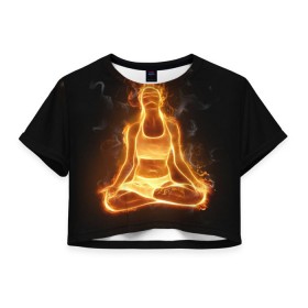 Женская футболка 3D укороченная с принтом Пламенная медитация в Екатеринбурге, 100% полиэстер | круглая горловина, длина футболки до линии талии, рукава с отворотами | аштанга | здоровье | зож | йога | кундалини | лотос | медитация | огонь | пламя | силуэт | спорт | страсть | тонус