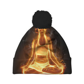 Шапка 3D c помпоном с принтом Пламенная медитация в Екатеринбурге, 100% полиэстер | универсальный размер, печать по всей поверхности изделия | аштанга | здоровье | зож | йога | кундалини | лотос | медитация | огонь | пламя | силуэт | спорт | страсть | тонус