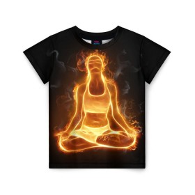 Детская футболка 3D с принтом Пламенная медитация в Екатеринбурге, 100% гипоаллергенный полиэфир | прямой крой, круглый вырез горловины, длина до линии бедер, чуть спущенное плечо, ткань немного тянется | аштанга | здоровье | зож | йога | кундалини | лотос | медитация | огонь | пламя | силуэт | спорт | страсть | тонус