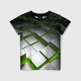 Детская футболка 3D с принтом Куб в Екатеринбурге, 100% гипоаллергенный полиэфир | прямой крой, круглый вырез горловины, длина до линии бедер, чуть спущенное плечо, ткань немного тянется | Тематика изображения на принте: зеленая | квадрат | куб | текстуры