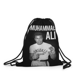 Рюкзак-мешок 3D с принтом Muhammad Ali в Екатеринбурге, 100% полиэстер | плотность ткани — 200 г/м2, размер — 35 х 45 см; лямки — толстые шнурки, застежка на шнуровке, без карманов и подкладки | Тематика изображения на принте: ali | boxing | muhammad ali |   |  muhammad |  бокс | али | боксер | мухамад. мухаммад | мухаммед | мухаммед али