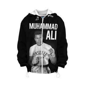 Детская куртка 3D с принтом Muhammad Ali в Екатеринбурге, 100% полиэстер | застежка — молния, подол и капюшон оформлены резинкой с фиксаторами, по бокам — два кармана без застежек, один потайной карман на груди, плотность верхнего слоя — 90 г/м2; плотность флисового подклада — 260 г/м2 | Тематика изображения на принте: ali | boxing | muhammad ali |   |  muhammad |  бокс | али | боксер | мухамад. мухаммад | мухаммед | мухаммед али