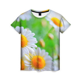 Женская футболка 3D с принтом Ромашки в Екатеринбурге, 100% полиэфир ( синтетическое хлопкоподобное полотно) | прямой крой, круглый вырез горловины, длина до линии бедер | фото | цветы