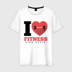 Мужская футболка хлопок с принтом I love Fitness в Екатеринбурге, 100% хлопок | прямой крой, круглый вырез горловины, длина до линии бедер, слегка спущенное плечо. | 