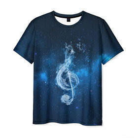 Мужская футболка 3D с принтом Космическая музыка в Екатеринбурге, 100% полиэфир | прямой крой, круглый вырез горловины, длина до линии бедер | звезды | ноты | скрипичный ключ