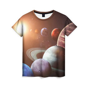 Женская футболка 3D с принтом Планеты солнечной системы в Екатеринбурге, 100% полиэфир ( синтетическое хлопкоподобное полотно) | прямой крой, круглый вырез горловины, длина до линии бедер | венера | звезды | земля | космос | марс | меркурий | сатурн | солнце | уран | юпитер