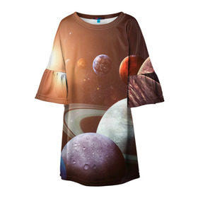 Детское платье 3D с принтом Планеты солнечной системы в Екатеринбурге, 100% полиэстер | прямой силуэт, чуть расширенный к низу. Круглая горловина, на рукавах — воланы | Тематика изображения на принте: венера | звезды | земля | космос | марс | меркурий | сатурн | солнце | уран | юпитер