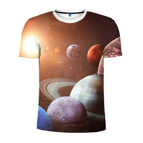 Мужская футболка 3D спортивная с принтом Планеты солнечной системы в Екатеринбурге, 100% полиэстер с улучшенными характеристиками | приталенный силуэт, круглая горловина, широкие плечи, сужается к линии бедра | венера | звезды | земля | космос | марс | меркурий | сатурн | солнце | уран | юпитер