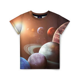 Детская футболка 3D с принтом Планеты солнечной системы в Екатеринбурге, 100% гипоаллергенный полиэфир | прямой крой, круглый вырез горловины, длина до линии бедер, чуть спущенное плечо, ткань немного тянется | Тематика изображения на принте: венера | звезды | земля | космос | марс | меркурий | сатурн | солнце | уран | юпитер