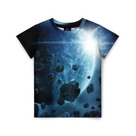 Детская футболка 3D с принтом Холодный космос в Екатеринбурге, 100% гипоаллергенный полиэфир | прямой крой, круглый вырез горловины, длина до линии бедер, чуть спущенное плечо, ткань немного тянется | вселенная | галактика | звезды | планеты | туманность
