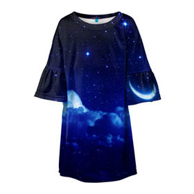 Детское платье 3D с принтом Звёздное небо в Екатеринбурге, 100% полиэстер | прямой силуэт, чуть расширенный к низу. Круглая горловина, на рукавах — воланы | Тематика изображения на принте: звезды | луна | месяц | ночь