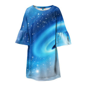 Детское платье 3D с принтом Неизведанная галактика в Екатеринбурге, 100% полиэстер | прямой силуэт, чуть расширенный к низу. Круглая горловина, на рукавах — воланы | Тематика изображения на принте: вселенная | галактика | звёзды | камета | космос | метеориты | метеоры | млечный путь | орбита | планеты | солнечная система