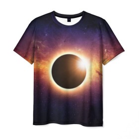 Мужская футболка 3D с принтом Солнечное затмение в Екатеринбурге, 100% полиэфир | прямой крой, круглый вырез горловины, длина до линии бедер | галактика | звёзды | земля | космос | мгла | млечный путь | ночь | орбита | солнечная система | солнечное затмение | солнце | тьма