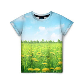 Детская футболка 3D с принтом Летний луг в Екатеринбурге, 100% гипоаллергенный полиэфир | прямой крой, круглый вырез горловины, длина до линии бедер, чуть спущенное плечо, ткань немного тянется | пейзаж | яркий