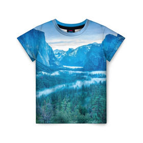 Детская футболка 3D с принтом Горный пейзаж в Екатеринбурге, 100% гипоаллергенный полиэфир | прямой крой, круглый вырез горловины, длина до линии бедер, чуть спущенное плечо, ткань немного тянется | Тематика изображения на принте: горный хребет | горы | каньон | лес | пейзаж | речка | туман | ущелье