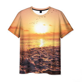 Мужская футболка 3D с принтом Закат в Екатеринбурге, 100% полиэфир | прямой крой, круглый вырез горловины, длина до линии бедер | sunset | жара | закат | зной | косяк | лето | море | облака | океан | отдых | пена | песок | пляж | прибой | прилив | рассвет | солнце | стая птиц