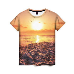 Женская футболка 3D с принтом Закат в Екатеринбурге, 100% полиэфир ( синтетическое хлопкоподобное полотно) | прямой крой, круглый вырез горловины, длина до линии бедер | sunset | жара | закат | зной | косяк | лето | море | облака | океан | отдых | пена | песок | пляж | прибой | прилив | рассвет | солнце | стая птиц