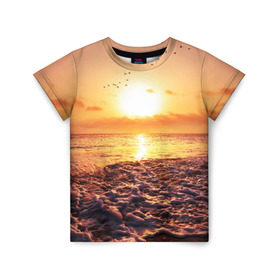 Детская футболка 3D с принтом Закат в Екатеринбурге, 100% гипоаллергенный полиэфир | прямой крой, круглый вырез горловины, длина до линии бедер, чуть спущенное плечо, ткань немного тянется | Тематика изображения на принте: sunset | жара | закат | зной | косяк | лето | море | облака | океан | отдых | пена | песок | пляж | прибой | прилив | рассвет | солнце | стая птиц