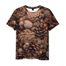 Мужская футболка 3D с принтом Шишки и орешки в Екатеринбурге, 100% полиэфир | прямой крой, круглый вырез горловины, длина до линии бедер | Тематика изображения на принте: дуб | ёлка | ель | жёлудь | иголки | кедр | лес | орех | орешки | осень | сосна | шишки