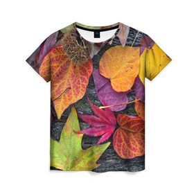 Женская футболка 3D с принтом Дары осени в Екатеринбурге, 100% полиэфир ( синтетическое хлопкоподобное полотно) | прямой крой, круглый вырез горловины, длина до линии бедер | жёлтый | золотой | красный | листва | листья | наряд | осень