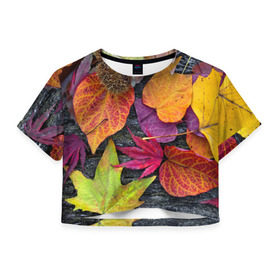 Женская футболка 3D укороченная с принтом Дары осени в Екатеринбурге, 100% полиэстер | круглая горловина, длина футболки до линии талии, рукава с отворотами | жёлтый | золотой | красный | листва | листья | наряд | осень