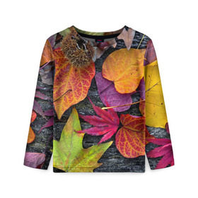 Детский лонгслив 3D Дары осени: в Екатеринбурге, 100% полиэстер | длинные рукава, круглый вырез горловины, полуприлегающий силуэт
 | Тематика изображения на принте: жёлтый | золотой | красный | листва | листья | наряд | осень
