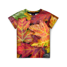 Детская футболка 3D с принтом Осенняя пора в Екатеринбурге, 100% гипоаллергенный полиэфир | прямой крой, круглый вырез горловины, длина до линии бедер, чуть спущенное плечо, ткань немного тянется | жёлтый | красный | листва | листья | осень