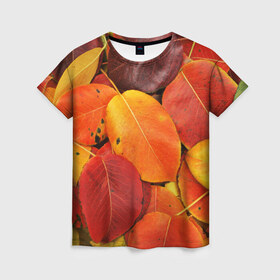 Женская футболка 3D с принтом Осенний покров в Екатеринбурге, 100% полиэфир ( синтетическое хлопкоподобное полотно) | прямой крой, круглый вырез горловины, длина до линии бедер | жёлтый | золотой | красный | листва | листья | осень