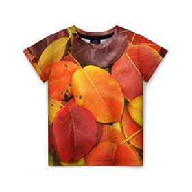 Детская футболка 3D с принтом Осенний покров в Екатеринбурге, 100% гипоаллергенный полиэфир | прямой крой, круглый вырез горловины, длина до линии бедер, чуть спущенное плечо, ткань немного тянется | жёлтый | золотой | красный | листва | листья | осень