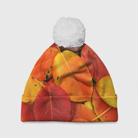 Шапка 3D c помпоном с принтом Осенний покров в Екатеринбурге, 100% полиэстер | универсальный размер, печать по всей поверхности изделия | жёлтый | золотой | красный | листва | листья | осень