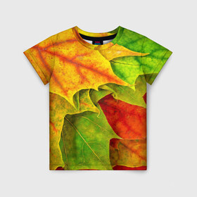 Детская футболка 3D с принтом Осенний наряд в Екатеринбурге, 100% гипоаллергенный полиэфир | прямой крой, круглый вырез горловины, длина до линии бедер, чуть спущенное плечо, ткань немного тянется | жёлтый | зелёный | красный | листва | листья | оранжевый