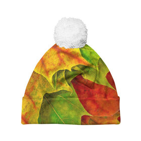 Шапка 3D c помпоном с принтом Осенний наряд в Екатеринбурге, 100% полиэстер | универсальный размер, печать по всей поверхности изделия | жёлтый | зелёный | красный | листва | листья | оранжевый